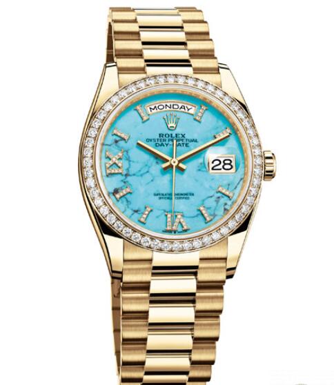 Fake Rolex Women Watch Day-Date 36 Oyster Perpetual 128348RBR Yellow Gold - Diamonds