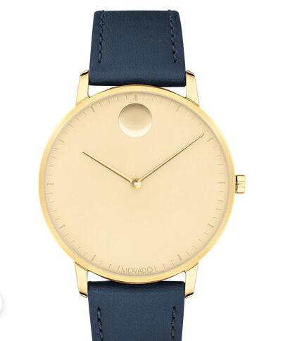 Movado Face Yellow Gold ion-plated Stainless Steel Watch With Navy Leather Strap 3640005 Replica Watch Cheap Price